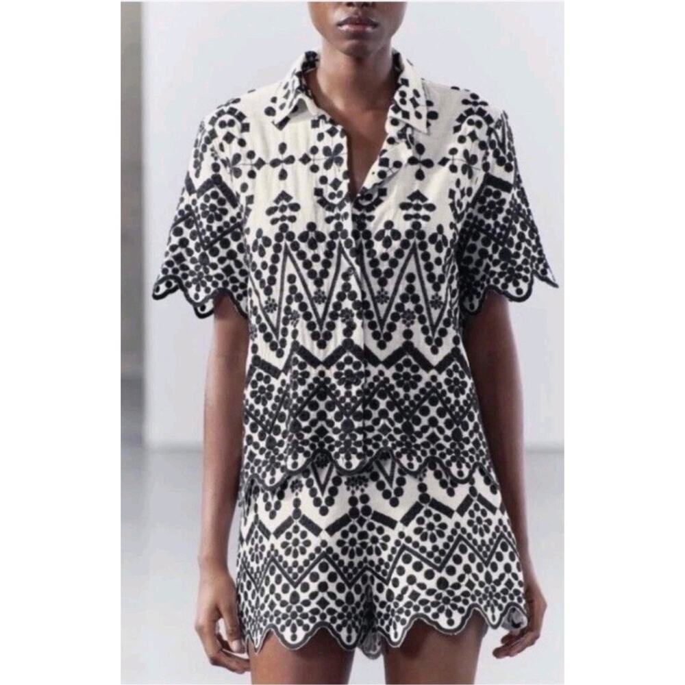 ZARA Scallop Hem Button Up Shirt & Short Set Contrast Embroidery Size Medium - Picture 2 of 15